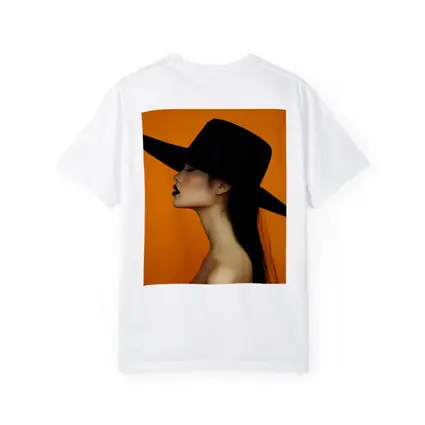 Woman Black Hat Orange Background Fashion Portrait