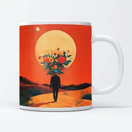 Flower Head Man Desert Surreal Orange Sky