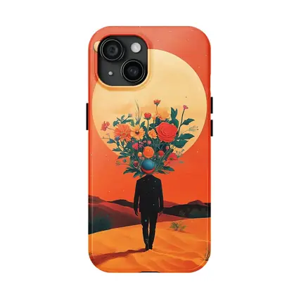 Flower Head Man Desert Surreal Orange Sky