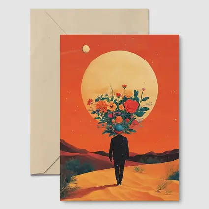 Flower Head Man Desert Surreal Orange Sky