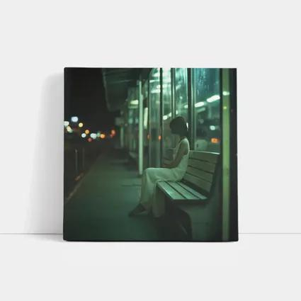 Woman Sitting Alone At Night Bus Stop
