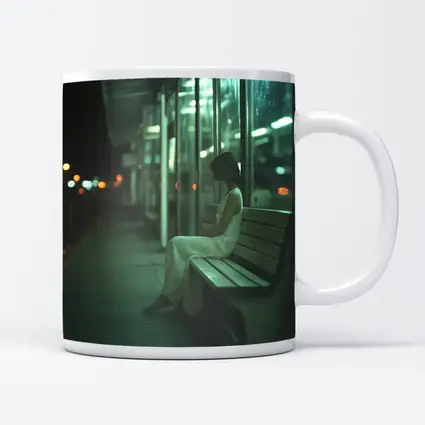 Woman Sitting Alone At Night Bus Stop