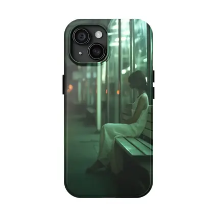 Woman Sitting Alone At Night Bus Stop