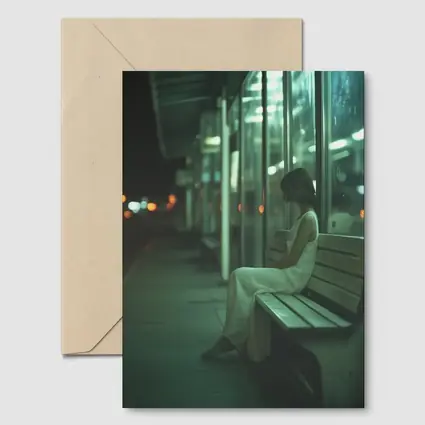 Woman Sitting Alone At Night Bus Stop