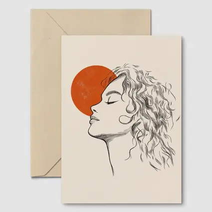 Sketch Woman Profile Red Sun Minimal Art