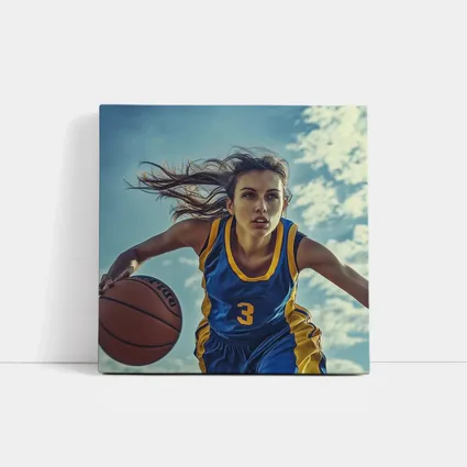 Female Basketball Player Dribbling Blue Sky