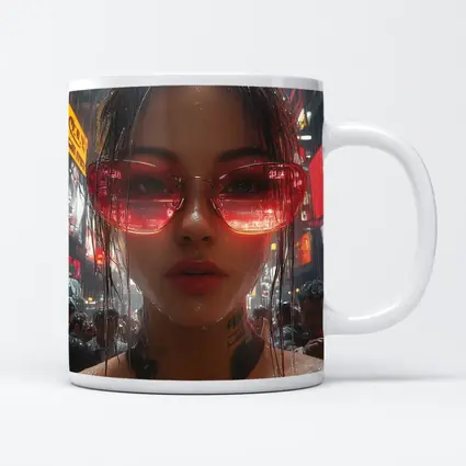 Tattooed Woman Red Glasses Rainy City Street