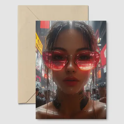 Tattooed Woman Red Glasses Rainy City Street
