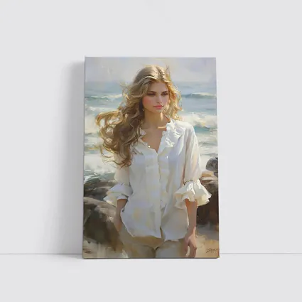 Blonde Woman Oil Painting Beach Waves
