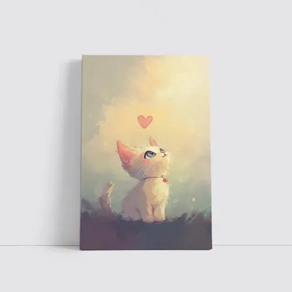 White Kitten With Heart Soft Painterly Background