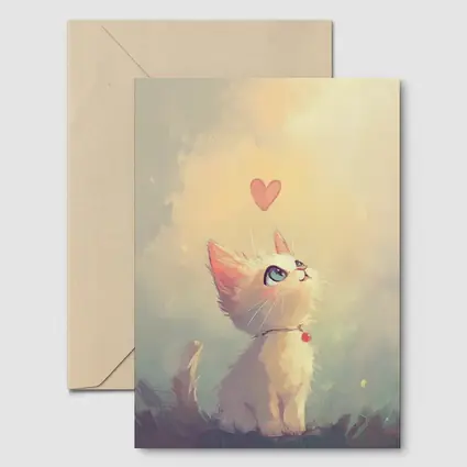 White Kitten With Heart Soft Painterly Background