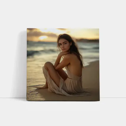Woman in Beige Dress Sitting Beach Sunset