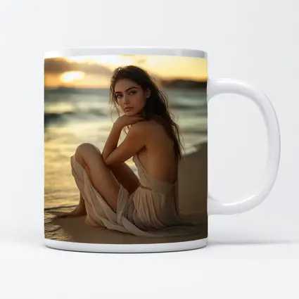 Woman in Beige Dress Sitting Beach Sunset
