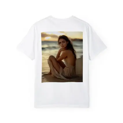 Woman in Beige Dress Sitting Beach Sunset