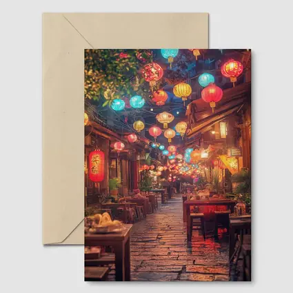 Chinese Lanterns Glowing Over Ancient Street
