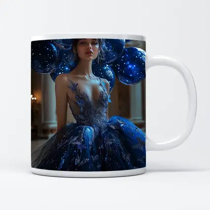 Woman Blue Butterfly Gown Starry Balloons