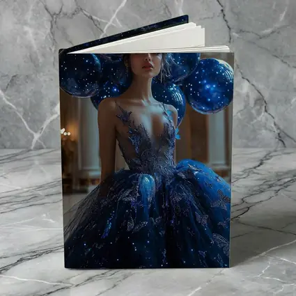 Woman Blue Butterfly Gown Starry Balloons