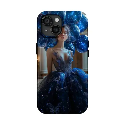 Woman Blue Butterfly Gown Starry Balloons