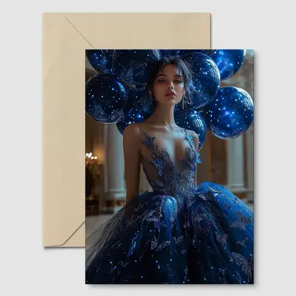 Woman Blue Butterfly Gown Starry Balloons
