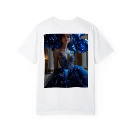 Woman Blue Butterfly Gown Starry Balloons