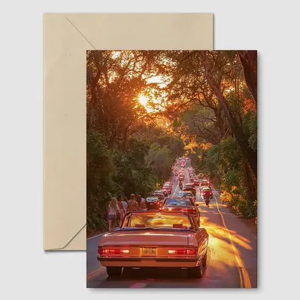 Retro Convertible Car Sunset Tree Road