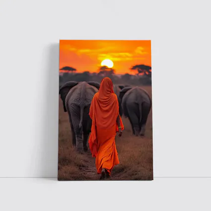 Woman in Orange Sari Walking with Elephants