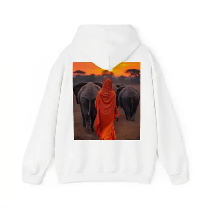 Woman in Orange Sari Walking with Elephants
