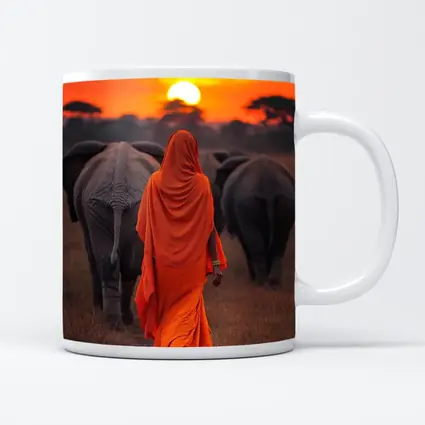 Woman in Orange Sari Walking with Elephants