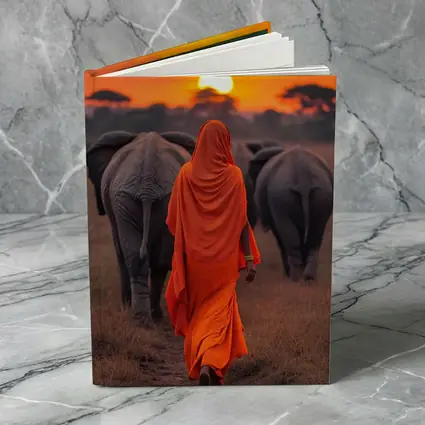Woman in Orange Sari Walking with Elephants