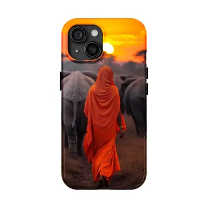 Woman in Orange Sari Walking with Elephants