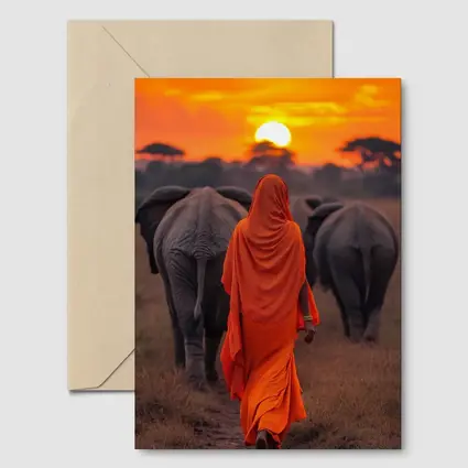 Woman in Orange Sari Walking with Elephants
