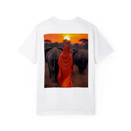 Woman in Orange Sari Walking with Elephants