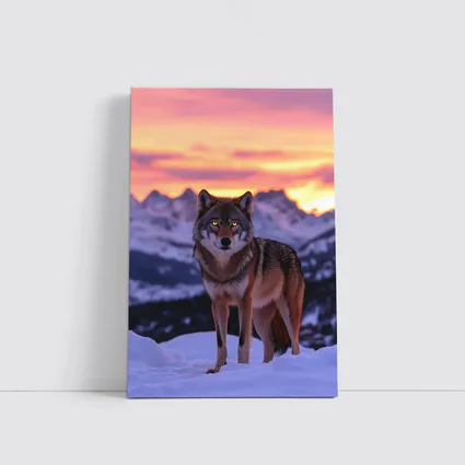 Gray Wolf Standing in Snowy Mountain Sunset
