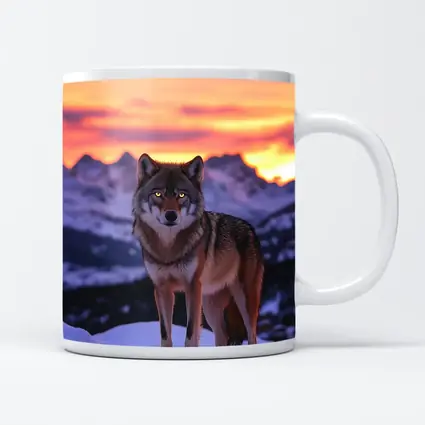 Gray Wolf Standing in Snowy Mountain Sunset