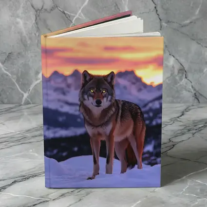 Gray Wolf Standing in Snowy Mountain Sunset