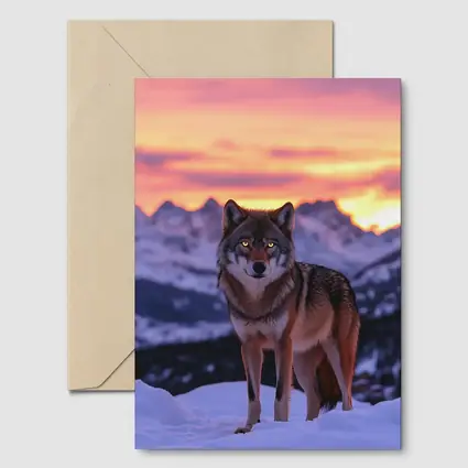 Gray Wolf Standing in Snowy Mountain Sunset
