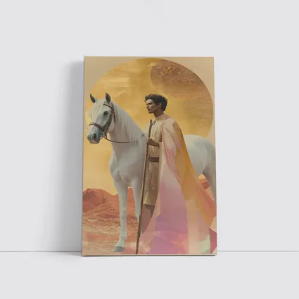 Warrior Man White Horse Desert Gold Background