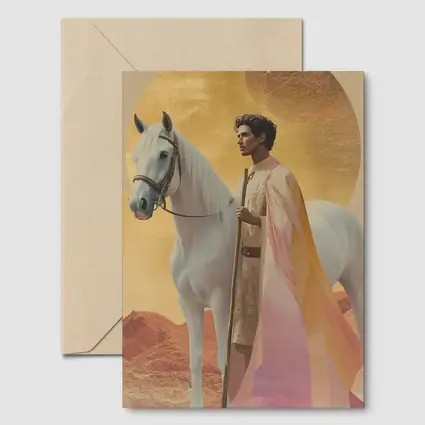 Warrior Man White Horse Desert Gold Background