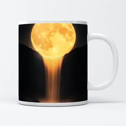 Golden Full Moon Waterfall Dark Night Sky