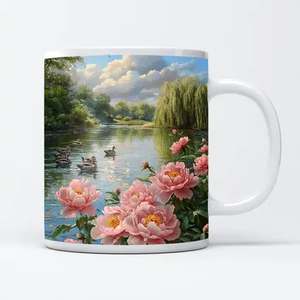 Pink Peonies by Calm Lake with Ducks