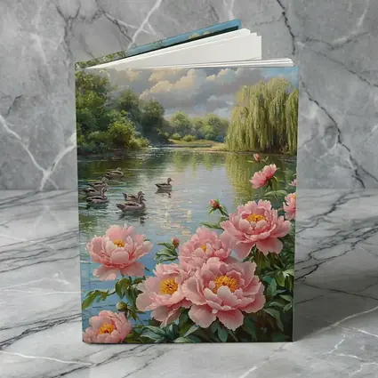 Pink Peonies by Calm Lake with Ducks