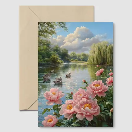 Pink Peonies by Calm Lake with Ducks