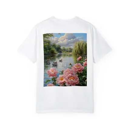 Pink Peonies by Calm Lake with Ducks