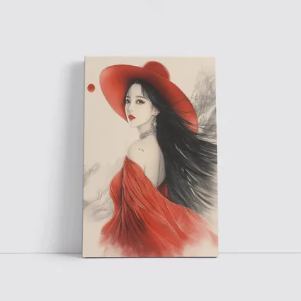 Asian Woman Red Hat Ink Art Style
