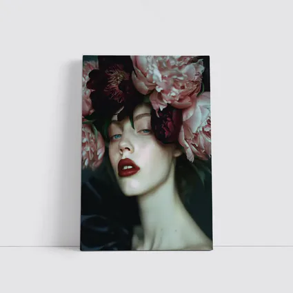 Woman With Pink Peonies Dark Floral
