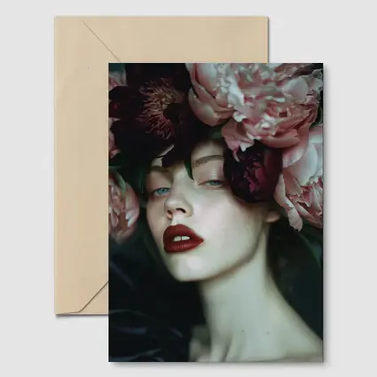 Woman With Pink Peonies Dark Floral