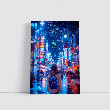 Girl Walking Snowy Tokyo Neon Night Street