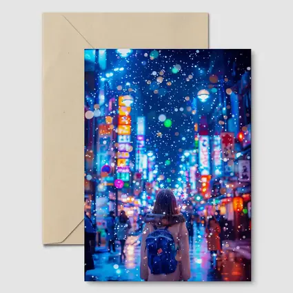 Girl Walking Snowy Tokyo Neon Night Street