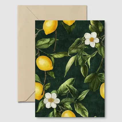 Lemon Branches White Flowers Dark Green