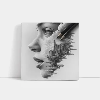 Woman Face City Skyline Pencil Drawing Art